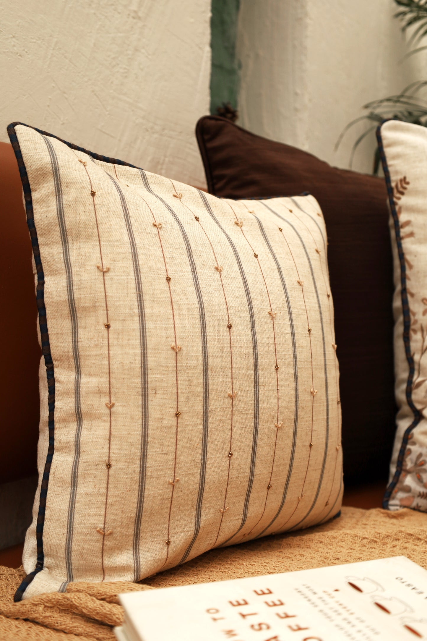 Coastal Stripe Beaded Cushion Cover
